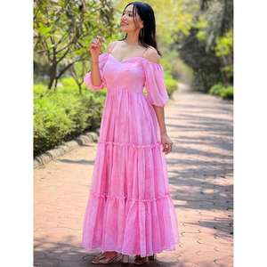 Vestido largo rosa con hombros descubiertos para mujer, vestido largo con volantes escalonados, ropa de verano para fiesta y resort - Product Image 1