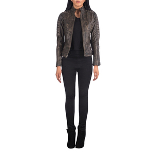 Women's Vintage Brown <b>Leather</b> Motorcycle <b>Jacket</b> Stand Collar Zipper <b>Long</b> Sleeve Biker Coat - Product Image 1