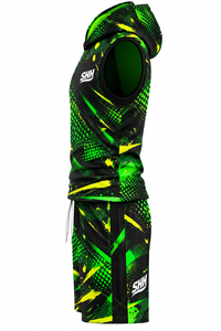 Ensemble Maillot et Short de Basketball Personnalisé Noir Vert Citron Sans Manches à Capuche avec Motif Graphique Demi-Ton Jaune Effet Éclaboussures Sublimé pour Équipe - Product Image 4