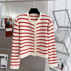 <b>Women's</b> Striped Knit <b>Cardigan</b> Crew Neck Full Sleeve <b>Crop</b> Length Button Closure Nautical Style 100% Acrylic Autumn Wear - Product Image 5