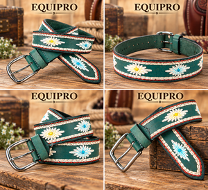 Ceinture Polo en Cuir Rayé Brodé Equipro, Boucle en Alliage Robuste à Cadre Carré, Style Décontracté, Cuir de Vachette Véritable 3,5 cm - Product Image 3