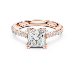 Anillo de Compromiso de Diamantes con Corte Princesa en Oro Rosa, Banda Pavé, Elegante Anillo de Boda Solitario para Mujer - Product Image 2