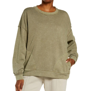 Sudadera de mujer con lavado ácido, estilo vintage, costuras expuestas, manga larga, informal, estilo urbano, con logo frontal - Product Image 1