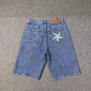 Pantalones Cortos Bermuda de Cintura Alta para Hombre con Logotipo de Estrella Bordado, Diseño Casual de Color Sólido con Botones y Tejido de Algodón - Product Image 3