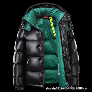 Men's Black Pu Puffer <b>Jacket</b> With Hood Windproof Zipper Closure Casual Winter Wear Solid Color Thick Down Filling Regular Fit - Product Image 4