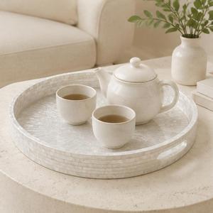 Plateau rond de luxe en nacre, mosaïque de coquillages blancs Capiz, plateau de service avec poignées, écologique, fait main, plateau en nacre en gros - Product Image 6
