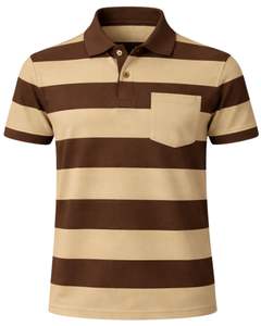 เสื้อโปโลชายลายทางสีน้ำตาลช็อกโกแลตและสีเบจ มีกระเป๋าเสื้อ ผ้าฝ้าย ทรงคลาสสิก แขนสั้น ผู้ผลิต OEM จำหน่ายส่ง - Product Image 1