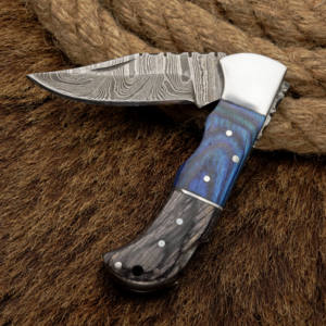 มีดพับ Pasha Enterprises ขนาด 6.75 นิ้ว ใบมีดตรงปลายหยดน้ำ ทำจากเหล็กดามัสกัสเกรดอุตสาหกรรม ด้ามไม้ OEM ความแข็ง 58HRC - Product Image 2