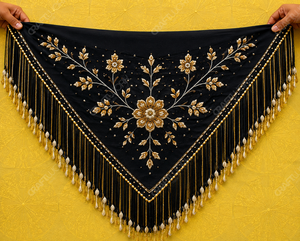 Châle triangulaire noir et or brodé de fleurs pour femme avec franges perlées, idéal pour les mariages et soirées, écharpe de soirée, étole - Product Image 3