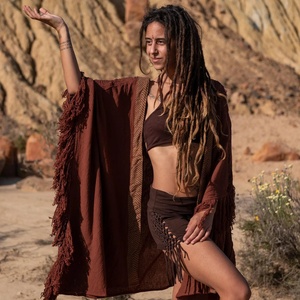 Bohemian Fringe Kimono Hippie Chic Cotton Cover Up Festival <b>Poncho</b> Cardigan Ethnic Boho Layer Stylish Beachwear for Women - Product Image 1