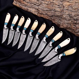 Ensemble de couteaux de chasse en acier Damas, 5 pièces, lame fixe à pointe tombante, manche en ivoire, incrustation turquoise, couteau d'extérieur forgé à la main - Product Image 2