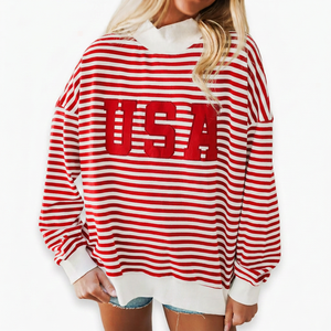 Custom Women Striped Mockneck Sweatshirt Oversized USA Varsity Letter Patch <b>Pullover</b> Academic Campus Wear Heavyweight <b>Jumper</b> - Product Image 1