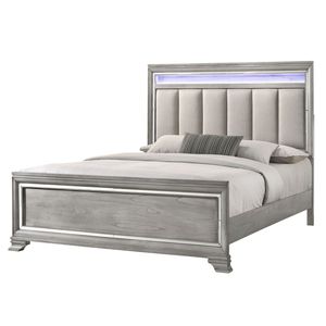 Set Camera da Letto Moderno 3 Pezzi King Size con Illuminazione LED Integrata, Comodino, Testiera Trapuntata, Finitura Effetto Legno, Grigio Morbido, in Legno Massello - Product Image 2