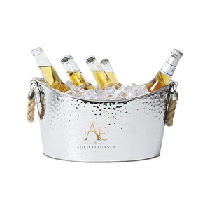 Bac à Boissons Ovale en Acier Inoxydable Effet Martelé avec Poignées en Corde de Chanvre – Grande Glacière pour Bière et Vin, Idéal Mariages et Fêtes - Product Image 1