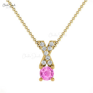 Colgante Cruzado de Oro Sólido de 14K con Zafiro Rosa de Corte Redondo de 5mm y Diamantes, Venta al Por Mayor, Personalizable, Vendedor Verificado - Product Image 1