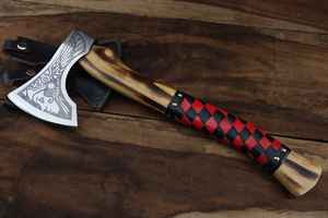 Custom Hand Forged Tomahawk <b>Axe</b> With Engraved Steel Blade Wood <b>Handle</b> Red Black Checkered Wrap Leather Sheath Survival Tool - Product Image 4