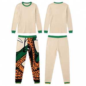 Ensemble sweat-shirt et pantalon pour homme, beige, col rond, avec bordure verte, motif uni, polyester/coton respirant et écologique - Product Image 1
