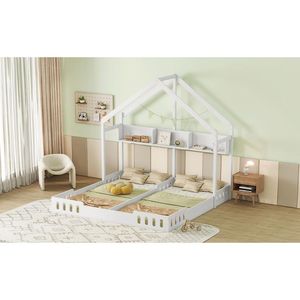 Letto a piattaforma in legno bianco crema per bambini, due letti condivisi con pratici ripiani e sponda di protezione - Product Image 5