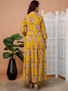 Yellow Floral Printed Cotton <b>Kurta</b> Set Regular Fit Knee-Length Traditional Indian/Pakistani Summer Casual Women's <b>Dress</b> Quick - Product Image 6