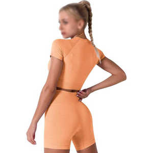 Ensemble 2 pièces pour femmes, haut court sans couture orange uni, short taille haute, ensemble de yoga - Product Image 3
