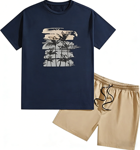 Conjunto de Verano para Hombre, 100% Algodón, Cuello en V, Manga Corta, Estilo Casual, Tejido, Versión Coreana, Corte Holgado, Deportivo, Dos Piezas, Transpirable - Product Image 3
