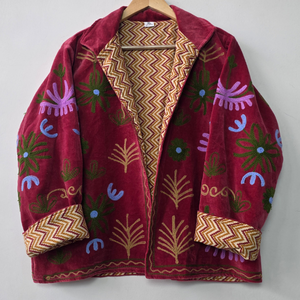 Morvi Fab 2026 New Collection #66 <b>Women</b>’s Maroon Velvet Sujani <b>Embroidered</b> <b>Jacket</b> – Colorful Floral Boho Outerwear | - Product Image 3