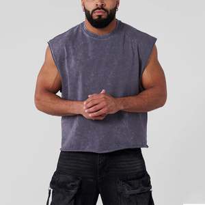 220GSM Cotton <b>Men's</b> Custom Subtle Acid Wash <b>Cropped</b> Tank <b>Top</b> Raw Bottom Hem Sleeveless Tees - Product Image 1