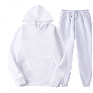 Conjunto Deportivo Unisex de Sudadera con Capucha Blanca y Pantalones Deportivos, Color Sólido Informal, Manga Larga, Cierre con Cordón, Ropa de Otoño para Adultos - Product Image 1