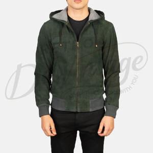 Blouson bomber en daim véritable vert forêt pour homme avec doublure grise contrastante, poignets côtelés et fermeture éclair - Product Image 2