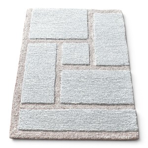 Tapis moderne en laine tufté à la main, motif géométrique patchwork, blanc cassé, gris clair, beige, tapis sculpté haute densité - Product Image 4