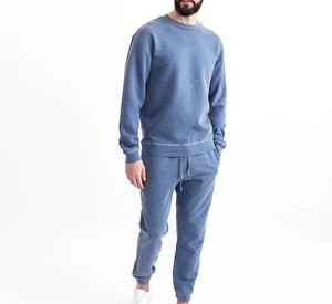 Survêtement bleu pour homme, col rond, couleur unie, vêtement décontracté, 100% coton, respirant, coupe classique, style automne - Product Image 1