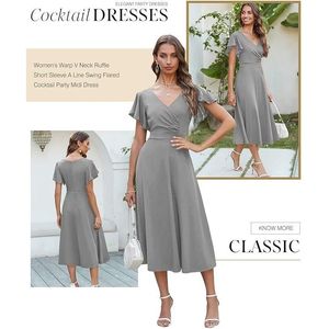 Robe midi d'été grise XL, col en V, ourlet à volants, fluide, taille haute, pour soirée formelle ou invitée de mariage - Product Image 3