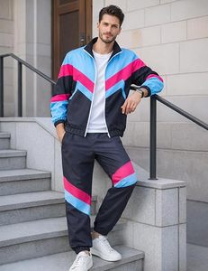 Men's Color Blocking <b>Tracksuit</b> Set Blue <b>Pink</b> Black Full Sleeve Zipper Sporty Casual Jogging Suit Spring Wear - Product Image 2