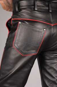 Pantalones de Motociclista de Cuero Negro para Hombre, Cintura Alta, Franja Roja Lateral, Corte Recto, Estilo Biker, para Otoño - Product Image 4