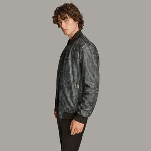 Blouson bomber en cuir de mouton bicolore, lavé et ciré, pour homme, avec col montant, style motard, imperméable - Product Image 5