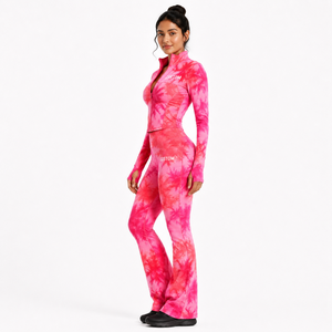 Custom Women Tie Dye Yoga Set Full Zip Long <b>Sleeve</b> <b>Crop</b> <b>Top</b> Stand Collar Jacket High Waist Flare Leggings Winter Activewear Suit - Product Image 4