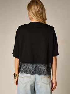 Summer Loose Black Tee Luxury Lace Stitching Women's Shirts Crop <b>Tops</b> Short Sleeve O-Neck Cotton Dropped Shoulder T-Shirt Vendor - Product Image 2