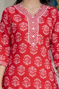 Red Printed Straight <b>Kurta</b> Set with Dupatta & 2 Side Pockets | <b>Women</b> Cotton Ethnic Wear Suit - Product Image 5