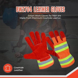 High Visibility Red Split Cowhide Leather Work Gloves With Reflective <b>Strip</b> Fluorescent Drilled Cotton <b>Fabric</b> Safety Cuff - Product Image 3