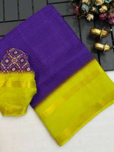 Sari de Georgette de Seda Pesada con Borde Dorado Zari y Blusa Pallu Completamente a Juego para Fiestas y Eventos - Product Image 3