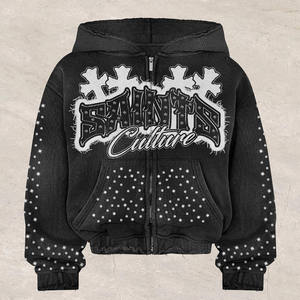 Ensemble de survêtement vintage personnalisé délavé à l'acide pour homme, sweat à capuche et pantalon ample, 100% coton tricoté, broderie strass, vente en gros - Product Image 2