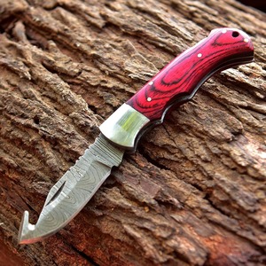 Couteau pliant artisanal à lame Guthook en acier Damas - Manche en bois Pakka rouge de 7 pouces, pointe clip, étui en cuir, logo personnalisé OEM/ODM - Product Image 2