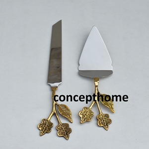 Juego de cuchillos y utensilios para servir pasteles de latón con mango de hoja y tallo, de alta calidad, para bodas y cumpleaños - Product Image 1