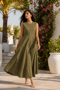 Robe midi sans manches vert olive |   Robe décontractée à col rond en mélange de coton, coupe évasée, avec poches latérales - Product Image 3