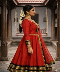 VESTIDO TRADICIONAL DE ALGODÓN CON BORDADO DE ENCAJE JACQUARD Y DUPATTA, ROPA FESTIVA, PRECIO AL POR MAYOR, PRENDAS ÉTNICAS, ROJO - Product Image 3