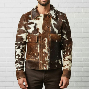 Chaqueta de Cuero Vacuno con Estampado Animal, Cuello Camisero, Manga Larga, Abrigo Casual Cálido para Invierno - Product Image 1