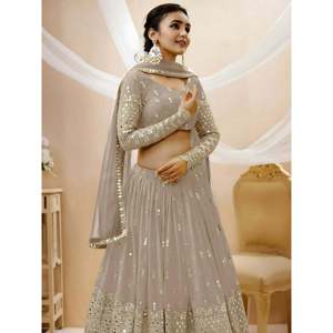 Elegant Grey Embroidered Georgette Plus Size <b>Wedding</b> Lehenga Choli - Product Image 3