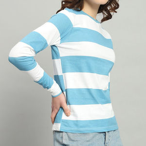 Camiseta de Punto a Rayas de Manga Larga para Adultos y Jóvenes, Cuello Redondo, Corte Regular, Diseño Azul y Blanco, Top Informal - Product Image 4