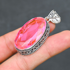 Magnifique pendentif ovale en quartz rose synthétique, style bohème, en argent sterling 925 plaqué rhodium, fait main, très demandé - Product Image 3