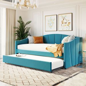 Divano letto imbottito blu a una piazza e mezza con letto estraibile e doghe in legno - Mobili imbottiti - Product Image 1